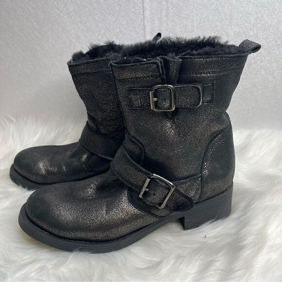 Barneys New York Fur Lined Metallic Moto Boot Black 37 - Picture 1 of 7